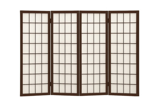 Japanese shoji room divider screen with wood frame and translucent rice paper panels, providing privacy and diffusing light on transparent background