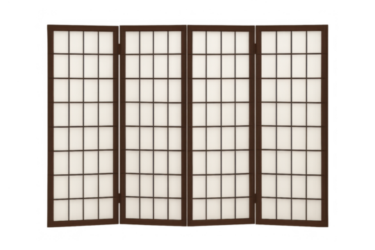 Japanese shoji room divider screen with wood frame and translucent rice paper panels, providing privacy and diffusing light on transparent background - Powered by Adobe