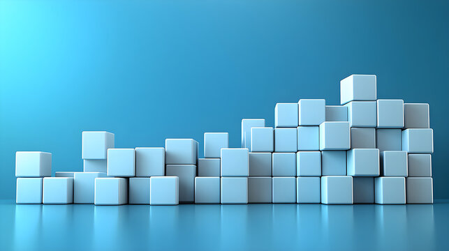 abstract stack of matte cubes on pale sky blue surface