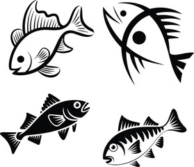 Bold black fish illustrations in stylized vector art collection, aquatic animal designs perfect for logos, prints, icons, decals, marine themes, and branding