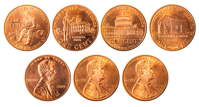 Isolated photo of 1 Lincoln commemorative cent USA 2009 P, D and S coins on white background.