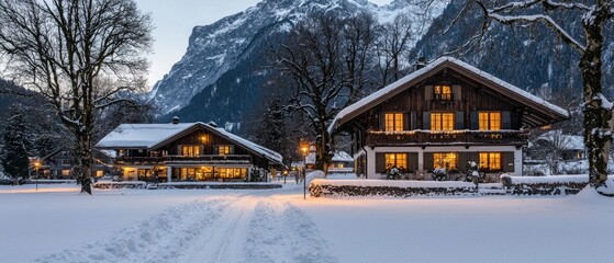 Twinkling lights illuminate a charming village nestled in snow at night, creating a magical holiday scene with festive cheer