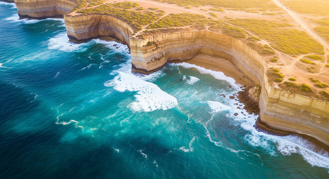 Aerial view of majestic limestone cliffs and turquoise ocean at sunset
