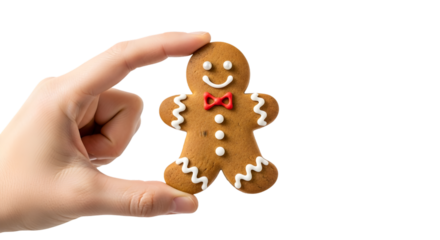 A hand holding a cute gingerbread man cookie decorated with icing, isolated on a clean white background, sweet holiday bakery.