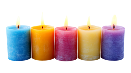 Colorful burning candles isolated on a transparent white background, clipping path, pen tool