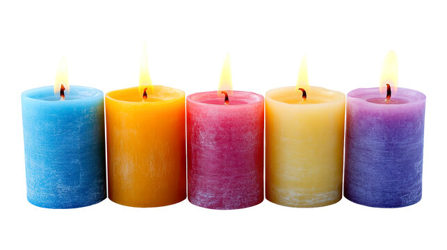 Colorful burning candles isolated on a transparent white background, clipping path, pen tool