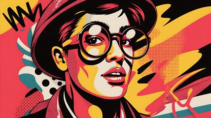 Naklejka premium Cool pop art of a person wearing round glasses, abstract background, modern street art.