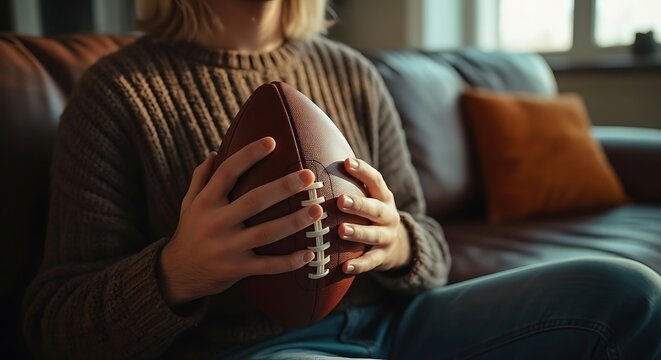 Person holding a football on a couch, ready for game day