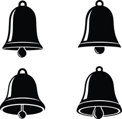 Set of four hand drawn black bell icons with a grunge texture on a white background