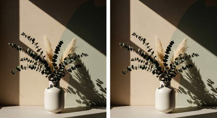 Minimalist ceramic vase with pampas grass casting hard shadows on beige wall.