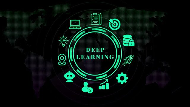 Deep learning concept with global network and icons. Business, technology, modern technology concept.