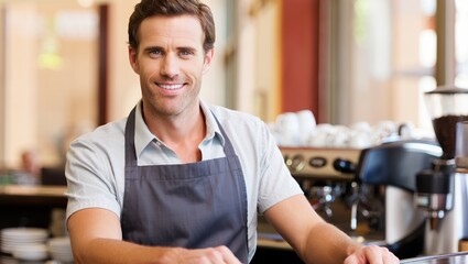 Close-up of a Caucasian coffee shop barista at a counter, smiling as espresso hums.