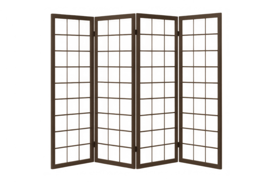 Wooden four panel room divider featuring traditional japanese shoji screen style on transparent background