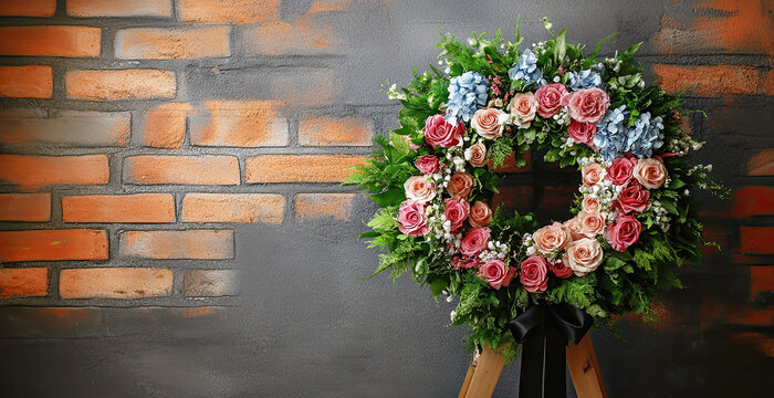 Funeral wreath carnation flowers black ribbon on wooden stand against grey background. Circular floral wreath composed white peach lush greenery - Powered by Adobe