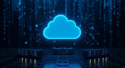 Abstract digital cloud computing concept with glowing blue cloud icon and network connections on a dark background with circuit board elements