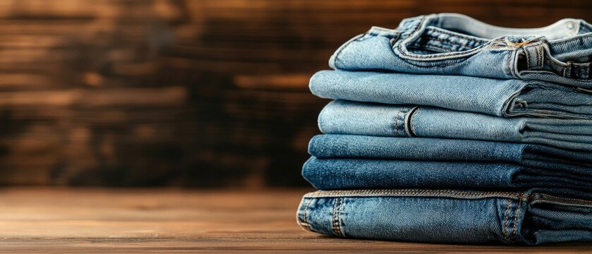 Neatly folded denim jeans are arranged on a table with different shades of blue, showcasing a variety of styles in a retail space