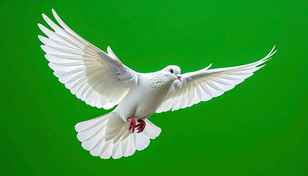 paloma blanca volando en c&aacute;mara lenta sobre un fondo verde chroma key uniforme. La paloma mueve las alas con gracia, mostrando detalles n&iacute;tidos en sus plumas.