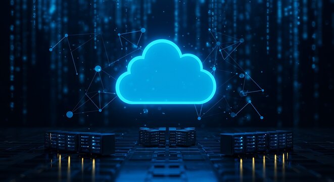 Abstract digital cloud computing concept with glowing blue cloud icon and network connections on a dark background with circuit board elements