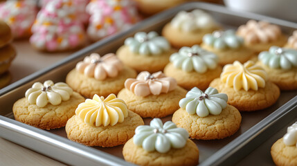 baking tray with cookies and icing tools, colorful icing tubes, buttercream flowers, candy decor