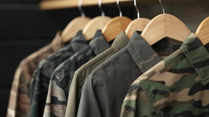 Many shirts are displayed on wooden hangers in a clothing store, showcasing different colors and patterns in a tidy arrangement