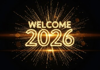 Welcome 2026 glowing golden particles explosion background