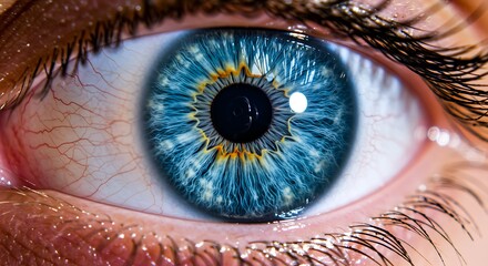 Extreme closeup of a vibrant blue human eye, showcasing intricate iris details and the pupil with a subtle reflection