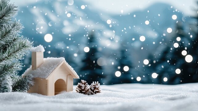 A wooden cabin stands alone in a snowy field, surrounded by tall evergreen trees under a soft winter sky