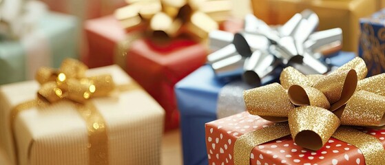 A vibrant assortment of wrapped gifts in various colors and patterns, ready for a joyful occasion filled with surprises