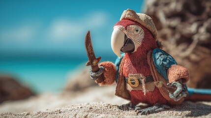 Plush Parrot Pirate on Tropical Beach