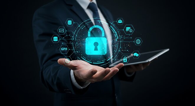 Businessman holding a tablet with a glowing digital padlock and security icons, symbolizing data protection and cybersecurity - Powered by Adobe