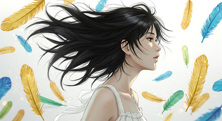 Beautiful Anime Girl Profile with Floating Feathers