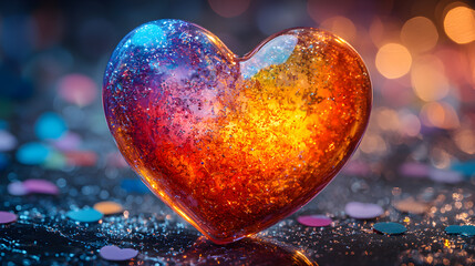Vibrant, glowing heart shape with colorful confetti, symbolizing love and celebration.