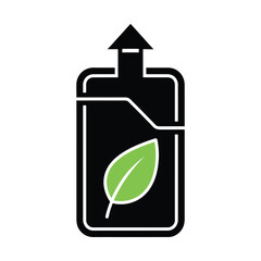 Black silhouette of a bottle with a green leaf and arrow vector 