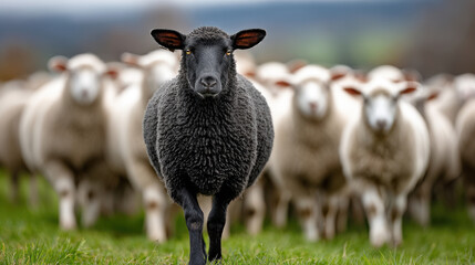 Contrast of a lone black sheep among a flock of white sheep in a green pasture setting for unique and individuality concepts