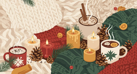 Cozy winter evening scene with steaming mugs of hot chocolate, glowing candles, pinecones, and warm knitted blankets creating a festive holiday atmosphere