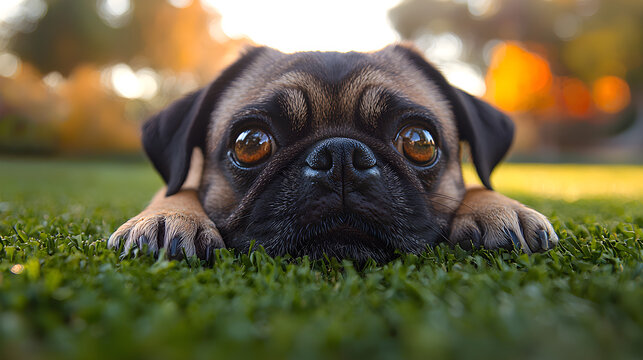 Curious pug puppy peeking over grassy ground with soft bokeh background