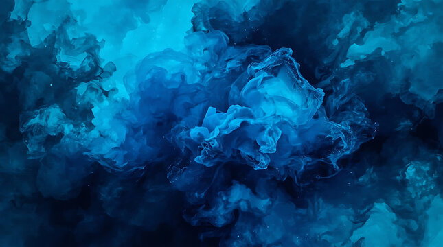 Abstract swirling blue ink cloud explodes with ethereal light and dynamic movement, perfect for modern digital art backgrounds.