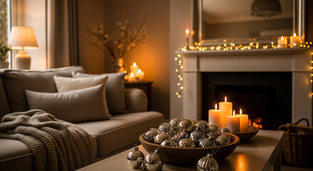Cozy Christmas living room interior with candles and ornaments
