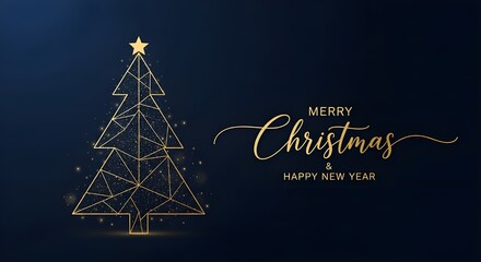 Elegant golden geometric christmas tree with merry christmas and happy new year text on dark blue background
