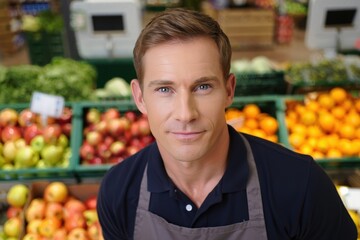 Confident grocery store manager surveys a vibrant produce section with assurance