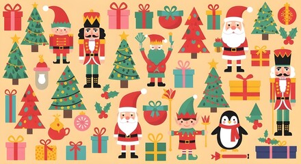 Festive christmas collection of cartoon nutcrackers santa claus penguins and decorated trees with gifts