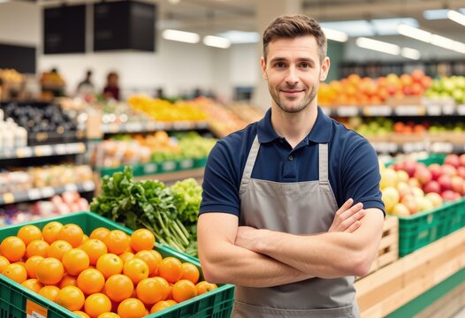 Confident Caucasian grocery store manager stands in the bustling produce section.