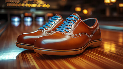 bowling ball and shoes on warm red wood-like background