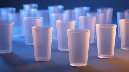 A serene arrangement of translucent cups illuminated by soft blue and orange lighting, creating a calm atmosphere