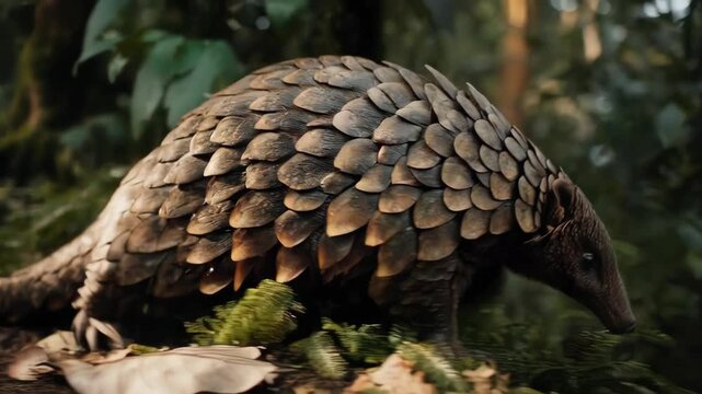 A pangolin walking in a forest. The pangolin is covered in scales and has a long snout