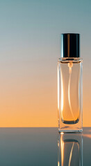 A clear glass perfume bottle with a black cap sits on a reflective surface with a gradient background.