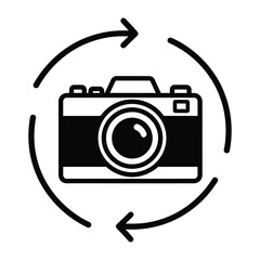 Black silhouette of a camera with circular arrows EPS icon