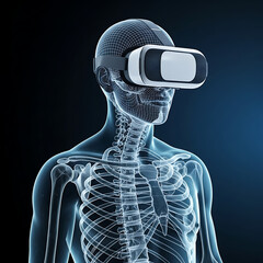 A digital illustration of a person wearing a virtual reality headset, with a skeletal overlay.