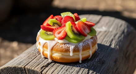 A delicious donut topped with fresh strawberries and kiwi slices, drizzled with white icing.