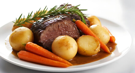 A delicious pot roast served with roasted potatoes, carrots, and a rich gravy, garnished with fresh rosemary.